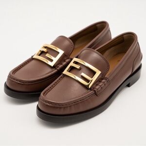 NEW FENDI Baguette FF Logo Leather Loafers Brown US Sz 6.5 - 7 EU 37 L /36.5 R *